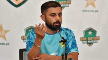 Saud Shakeel addressing the media before the first Test against England.