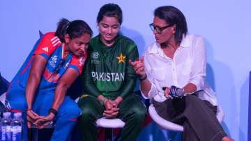 Harmanpreet Kaur and Fatima Sana with Mel Jones at Captain's Day.