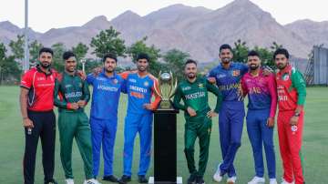 All the eight captains pose with the ACC Men's Emerging T20 Asia Cup Trophy.