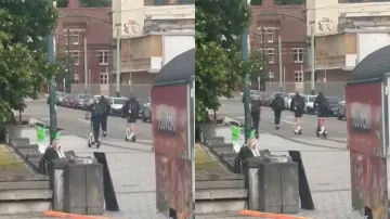 England men's cricket team rides electric scooters on their way to Hagley Oval for day two of the fi