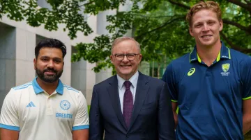 Rohit Sharma, Australia PM Anthony Albanese and PM XI captain Jack Edwards (From left to right).