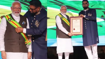 President Irfaan Ali awards India's Prime Minister Modi with Guyana's highest honor.