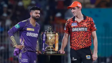 Shreyas Iyer and Pat Cummins with the IPL 2024 trophy