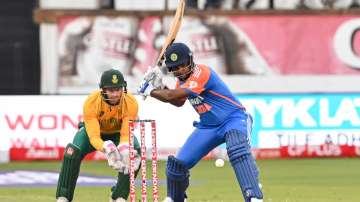 Sanju Samson plays a shot during the first T20I.