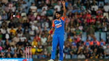 Arshdeep Singh celebrates after taking a three-wicket haul against South Africa in Centurion.