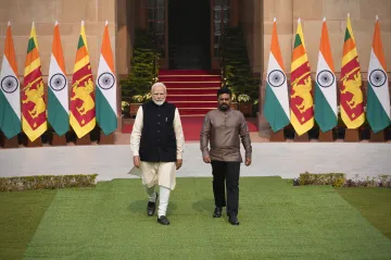 Sri Lankan President Anura Kumara Dissanayake with PM Modi at Hyderabad House in New Delhi