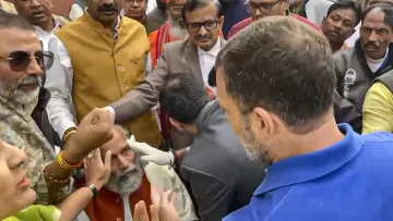 Rahul Gandhi approaches injured BJP MP in Parliament.