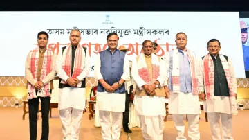 Himanta Biswa Sarma with his newly inducted members in Assam Cabinet