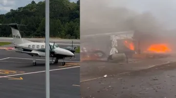 The plane turns into a ball of fire after crashing into buildings