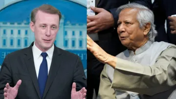 US National Security Advisor Jake Sullivan (L) and Bangladesh interim government chief Muhammad Yunu