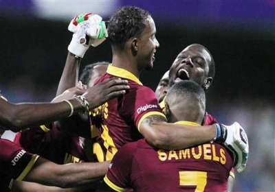 
In the semi-final of World T20, West Indies beat India by seven wickets and enter the final. 
West Indies Lendl Simmons is held aloft by teammates as they celebrate their seven wicket win over India at the ICC World Twenty20 2016 cricket semifinal match at Wankhede stadium in Mumbai, India.