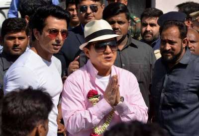 Jackie Chan arrived in Mumbai to promote his film Kung Fu Yoga, accompanied by co-actor Sonu Sood
