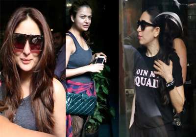 Actresses Karisma Kapoor, Kareena Kapoor Khan and Amrita Arora who are BFFs of Bollywood were spotted outside a restaurant in Mumbai. The beautiful divas were caught having fun. The three ladies were dressed casually still they were looking stylish as always.