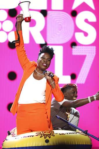 Host Leslie Jones performs a skit at the BET Awards at the Microsoft Theater on Sunday, June 25, 2017, in Los Angeles. 
