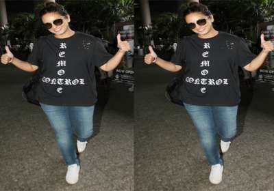 Actress Huma Qureshi was spotted wearing a black printed t-shirt with blue denim jeans at the airport. Huma will be celebrating her birthday tomorrow. 
