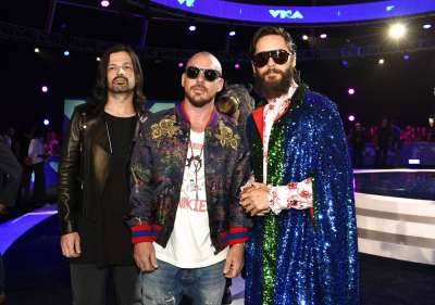 One of the biggest nights in the music industry, MTV Video Music Awards 2017 saw a host of stars hitting the red carpet in their best outfits. The extravaganza which has earlier seen some of the outrageous attires was comparatively classy this year. Here are Tomo Milicevic, Jared Leto and Shannon Leto of Thirty Seconds to Mars.