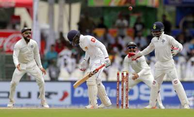 Dhananjaya de Silva is bowled out by India's Ravindra Jadeja on day 3 of Colombo Test