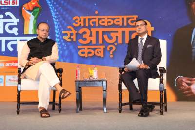 Defence Minister Arun Jaitley attends India TV's mega conclave, 'Vande Mataram' to discuss ways to counter terrorism.
