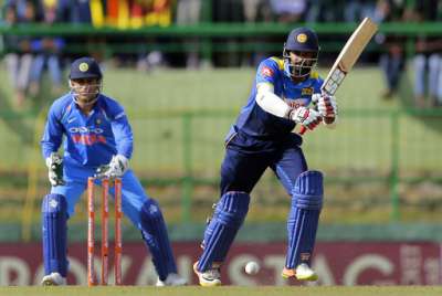 Lahiru Thirimanne plays a shot during his 80-run knock in the third ODI against India in Pallekele