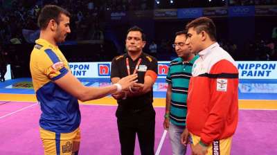 In Match 43 of the Pro Kabaddi League 2017 of the Inter Zone Challenge between U.P Yoddha and Tamil Thalaivas, a long and hard battle ended in a draw. With the scoreline changing to and frow each minute, it was hard to pick a winner. The match consisted of ALL OUT&#039;s, Super tackles, Super raids and last minute match changers. The performance was definately an edge of a seat thriller which Lucknow experienced. In this image, former team players and now team captains, Tamil Thalaiva&#039;s Ajay Thakur and U.P Yoddha&#039;s Nitin Tomar greet before the toss of the match.