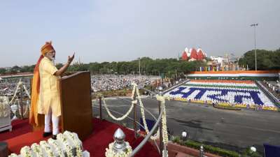 Prime Minister Narendra Modi addresses during the nation&rsquo;s 71st Independence Day, from the ramparts of the historic Red Fort in New Delhi on Tuesday. 