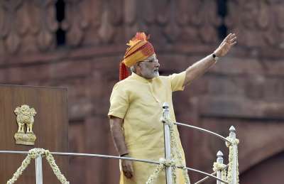 Prime Minister Narendra Modi waves to the crowd during Independence Day celebrations 