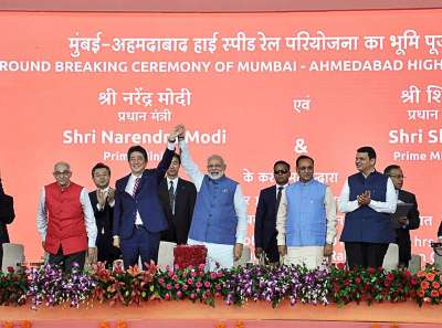 Narendra Modi and Shinzo Abe during the ground breaking ceremony for high speed rail project in Ahmedabad