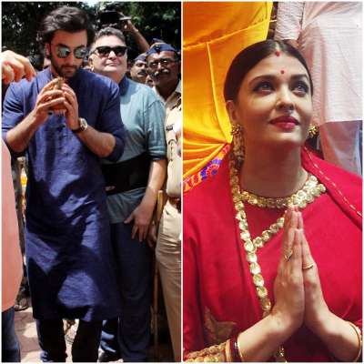 On the occasion of Ganesh Visarjan, Bollywood stars Aishwarya Rai Bachchan, Rishi Kapoor and Ranbir Kapoor were spotted bidding adieu to Lord Ganesha.