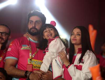 Jaipur Pink Panthers owner Abhishek Bachchan supports his team during the match against U Mumba on Thursday