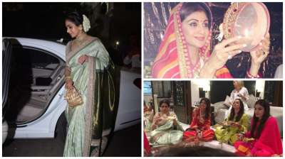 Karva Chauth, a celebration to mark the marital bond was celebrated with great fervour across India. Even pretty actresses of Bollywood kept fast for the longevity of their husbands. Actresses Shilpa Shetty, Raveena Tandon and Sridevi came together to celebrate this festival.