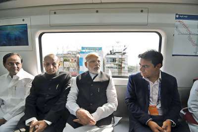 PM Narendra Modi, accompanied by Telangana Governor ESL Narsimhan and CM K Chandrasekar Rao, taking a ride in a metro train after launching the Hyderabad Metro Rail in Hyderabad on Tuesday