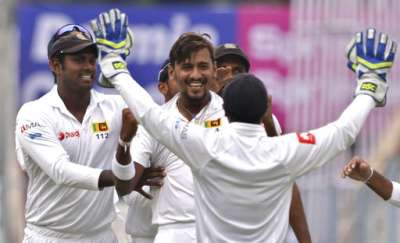 Sri Lanka pacer Suranga Lakmal wrecked the high-profile Indian top-order in overcast conditions to leave the hosts reeling at 17 for three on a rain-affected day one of the first Test in Kolkata on Thursday. Lakmal's sensational spell, in which he struck thrice without conceding a run in six overs, saw him removing opener Lokesh Rahul on the first ball of the match after play began three and a half hours late due to wet conditions. 