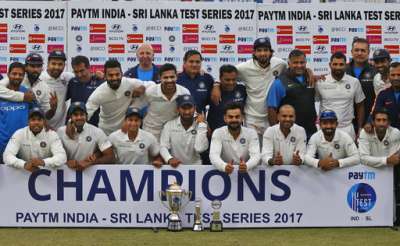 India registered a record ninth straight series win after drawing the third and final Test against Sri Lanka at the Feroz Shah Kotla in Delhi on Wednesday. Chasing an improbable 410, a defiant Sri Lanka rode on Dhananjaya de Silva's third Test century and debutant Roshen Silva's unbeaten half century to score 2995, before both the captains decided to settle for the draw. Roshen remained unbeaten on 74, while, stumper Niroshan Dickwella was on 44 when the match ended.