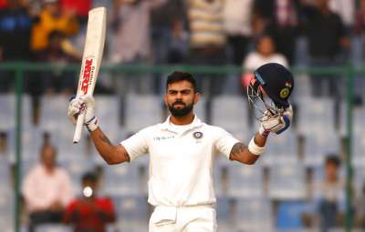 Captain Virat Kohli and opener Murali Vijay made a mockery of sub-par Sri Lankan attack with effortless centuries as India cruised to 371 for four on the first day of the third and final Test in Delhi.  Skipper Kohli (156 batting), who is on a record-breaking spree, smashed his 20th hundred in company of Vijay (155) as they added 283 runs for the third wicket. Sri Lankan bowlers were not even capable of bowling to the set field as Vijay hit 13 boundaries while Kohli's innings had 16 boundaries.