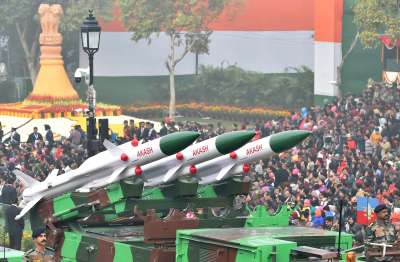 A display of Akash weapon system at Rajpath during the 69th Republic Day Parade in New Delhi on Friday.