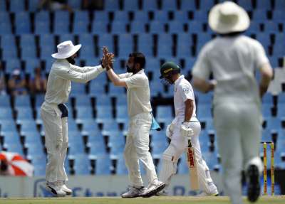 India did not take the second new ball as Mohammed Shami 449 had Rabada 4, caught at second slip in the sixth over after the break. Eight balls later, Jasprit Bumrah 370 held a sharp return catch to dismiss Faf du Plessis 48. Overall, du Plessis faced 141 balls and hit four fours.R Ashwin 178 then had Ngidi 1 caught at long on to wrap up the innings with South Africa taking an overall 286- run lead. Ishant Sharma finished with 240.
Earlier, post lunch, the proceedings slowed down as India were happy to not concede too many runs. Du Plessis and Vernon Philander 26 were also happy in not creating many scoring chances, and both sides continued to stonewall. 