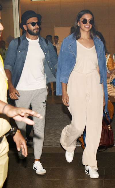 Actress Deepika Padukone and actor Ranveer Singh were spotted at the airport as they returned from Maldives. Both the stars were looking adorable together.