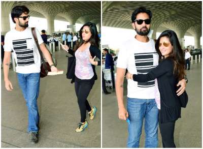 Bollywood actress Riya Sen and her husband Shivam Tewari were spotted at the Mumbai airport recently. The lovebirds were all smiles as the shutterbugs clicked their happy pictures.