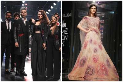 Actresses Sonakshi Sinha, Kriti Sanon and filmmaker Karan Johar were seen walking the ramp for some celebrated designers on the third day of the ongoing Lakme Fashion Week 2018. Sonakshi and Karan walked for designer label Falguni Shane Peacock whereas Kriti became the showstopper for designer Tarun Tahiliani.