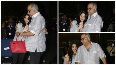 Janhvi Kapoor came back to Mumbai and her father Boney Kapoor was present at the airport to receive her. Janhvi was welcomed with a warm hug and sweet smile.