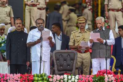 JD(S) leader H D Kumaraswamy was on Wednesday sworn-in as Karnataka chief minister at a grand ceremony attended by a galaxy of top leaders and regional satraps in a rare public show of unity perceived as a possible harbinger of a broad-based anti-BJP alliance ahead of the Lok Sabha polls next year.&amp;nbsp;