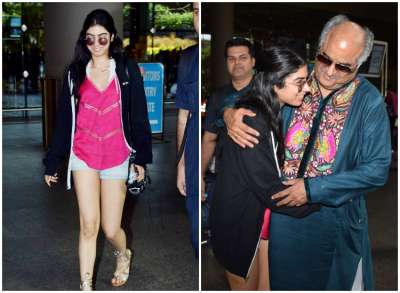 Bollywood producer Boney Kapoor was spotted at Mumbai airport on Sunday to receive his younger daughter Khushi Kapoor.