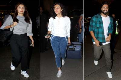 Anushka Sharma, Tapsee Pannu and the Raazi actor Vicky Kaushal were recently snapped at the airport. The stars kept their airport look simple and classy.