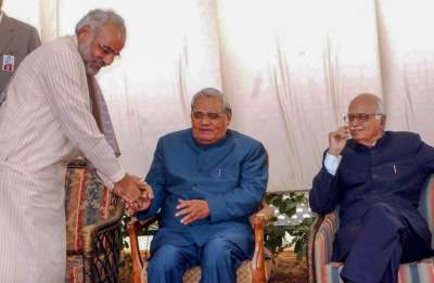 In this Dec 09, 2003, file photo former prime minister Atal Bihari Vajpayee is seen with the then Gujarat CM Narendra Modi (now PM) and BJP senior leader LK Advani at a lunch in New Delhi.&amp;nbsp;