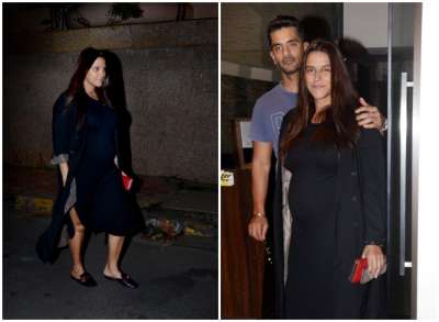 Parents-to-be Neha Dhupia and Angad Bedi were spotted at Soha Ali Khan and Kunal Khemu's residence in Mumbai on Monday evening.