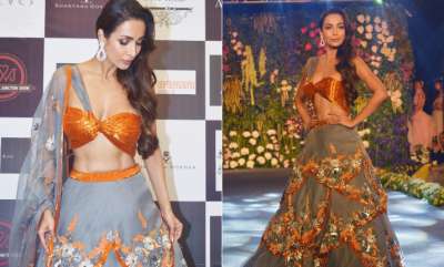 Amid wedding rumours with her actor boyfriend Arjun Kapoor, Malaika Arora stunned as a contemporary bride in a grey and gold off-shoulder attire.&amp;nbsp;