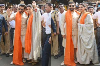 Deepika Padukone and Ranveer Singh can be seen waving at fans as they visited Siddhi Vinayak temple with their family members.&amp;nbsp;