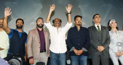 Akshay Kumar, Rajinikanth and Amy Jackson at the trailer launch of science-fiction 2.0 at Chennai.