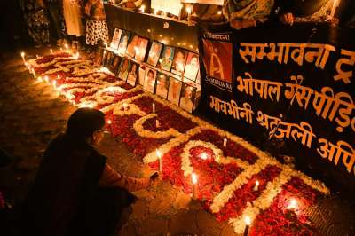 &amp;nbsp;
Survivors of the 1984 Bhopal Gas Disaster light candles to pay to tribute to the victims, on 34th anniversary of the tragedy, in Bhopal, Sunday, Dec 2, 2018.