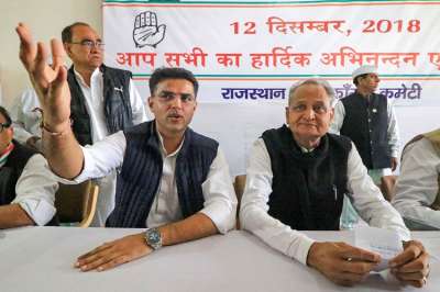 Congress leaders Sachin Pilot and senior leader Ashok Gehlot during Congress Legislature Party meeting at the party office, in Jaipur